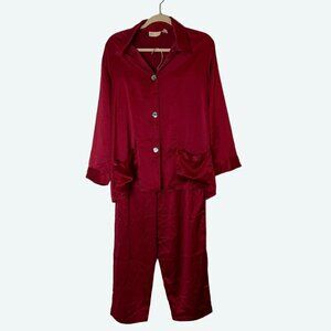 Victoria's Secret Women's Red Satin Pajama Set Button-Up Top & Pants Small‎